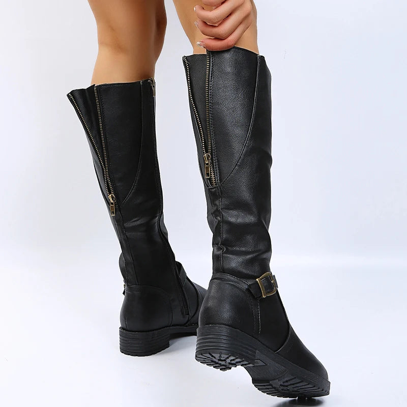 Vintage Brown Women Knee High Boots Big Size Low Heels Platform Long Boots Autumn Winter Pu Leather  Women Warm Booties