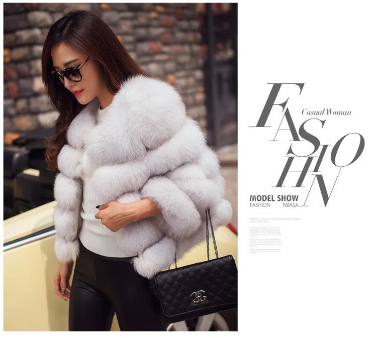 Women Faux Fox Fur Coats Zipper Short Coat Jackets Elegant Thick Warm Solid Jacket Lady Furry Outerwear Elegant Splice Winter