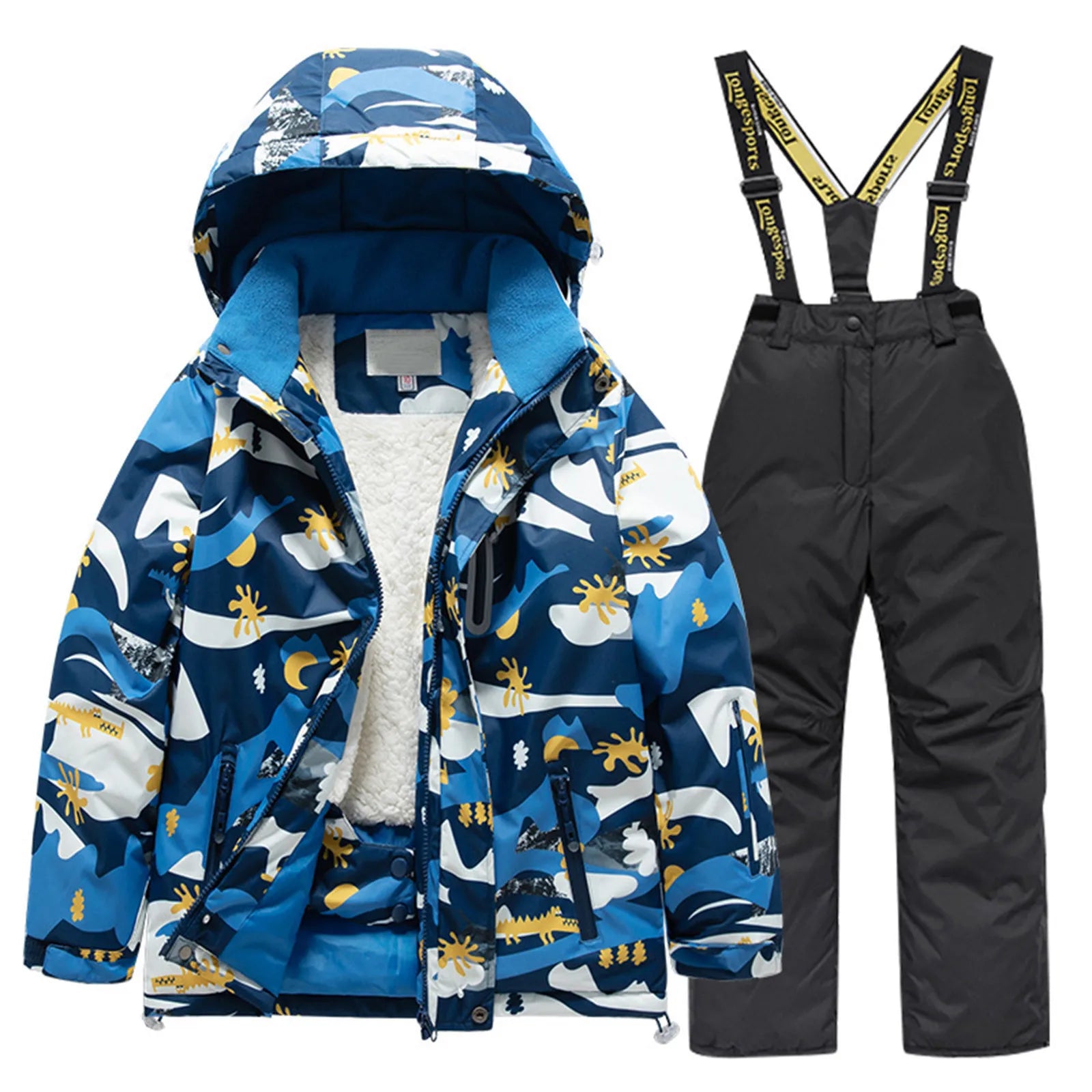 Kids Fleece Lined Ski Jacket & Pants Set Winter Windbroof Snowboarding Rain Coats Girls Handsome Boys and Students Vest Suit