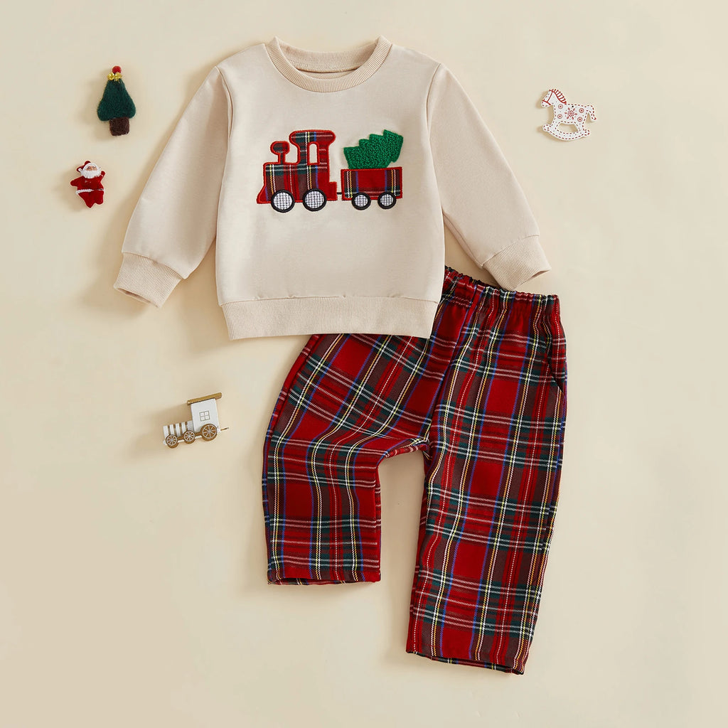 Lioraitiin Toddler Baby Boy Christmas Outfits Long Sleeve Train Embroidery Sweatshirt + Plaid Pants Set Winter Clothes