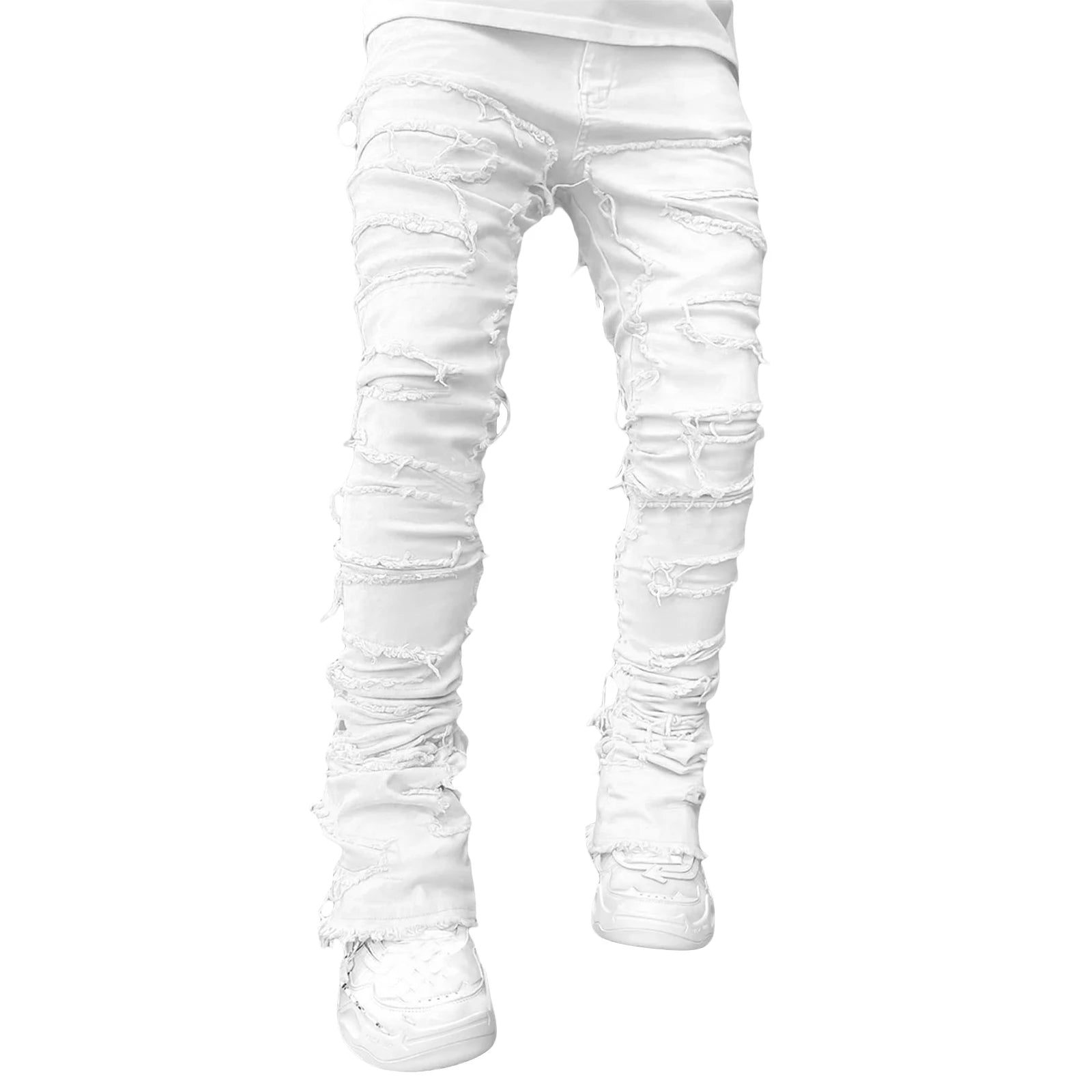 Men Skinny Pants Vintage Patch Frayed Denim Pants Spring Fall Casual Leggings Trousers with Pockets