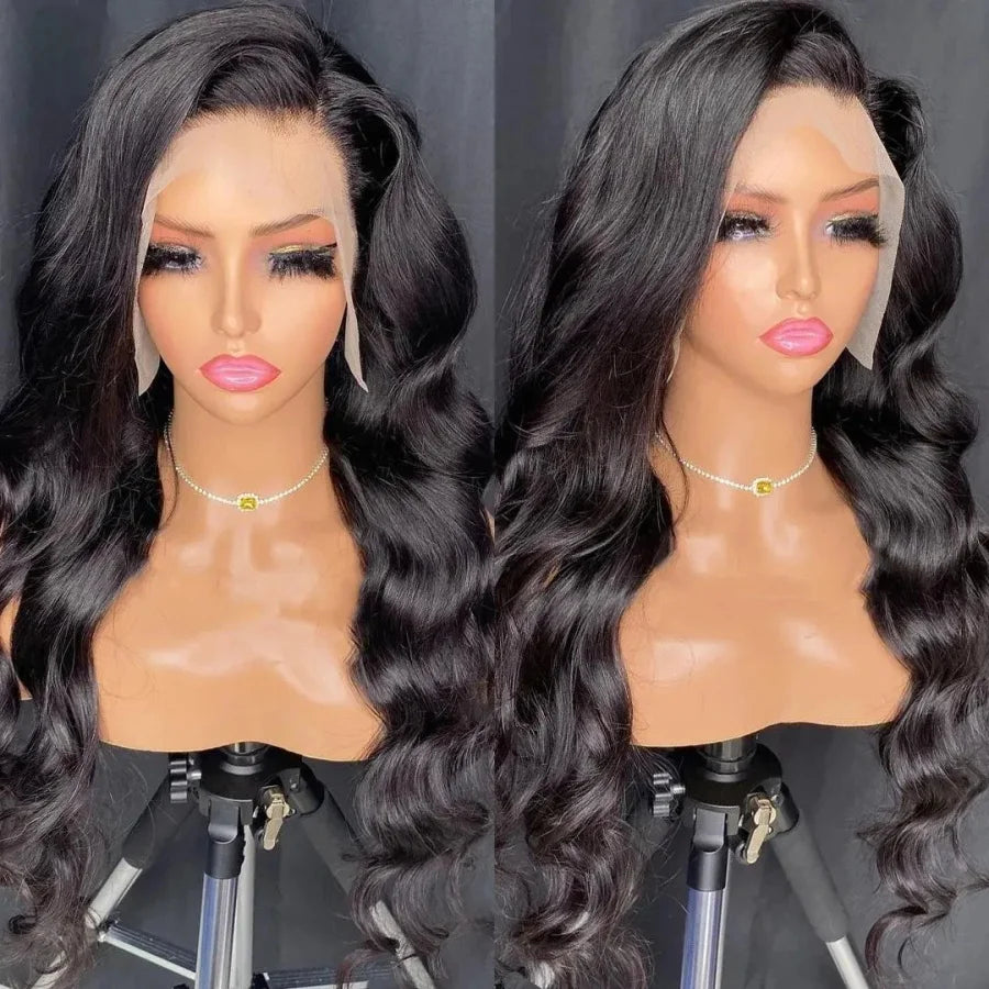 180% Density Body Wave Human Hair Wigs Natural Black Remy Hair Transparent Lace Front Wig Pre Plucked Hairline Lace Frontal Wig
