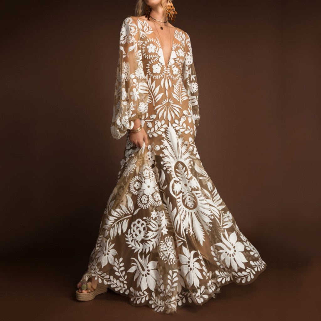Fashion Floral Print Flared Sleeves Evening Dress Boho Women Holiday V-Neck Backless Sundress High Waist Wedding Guest Ball Gown