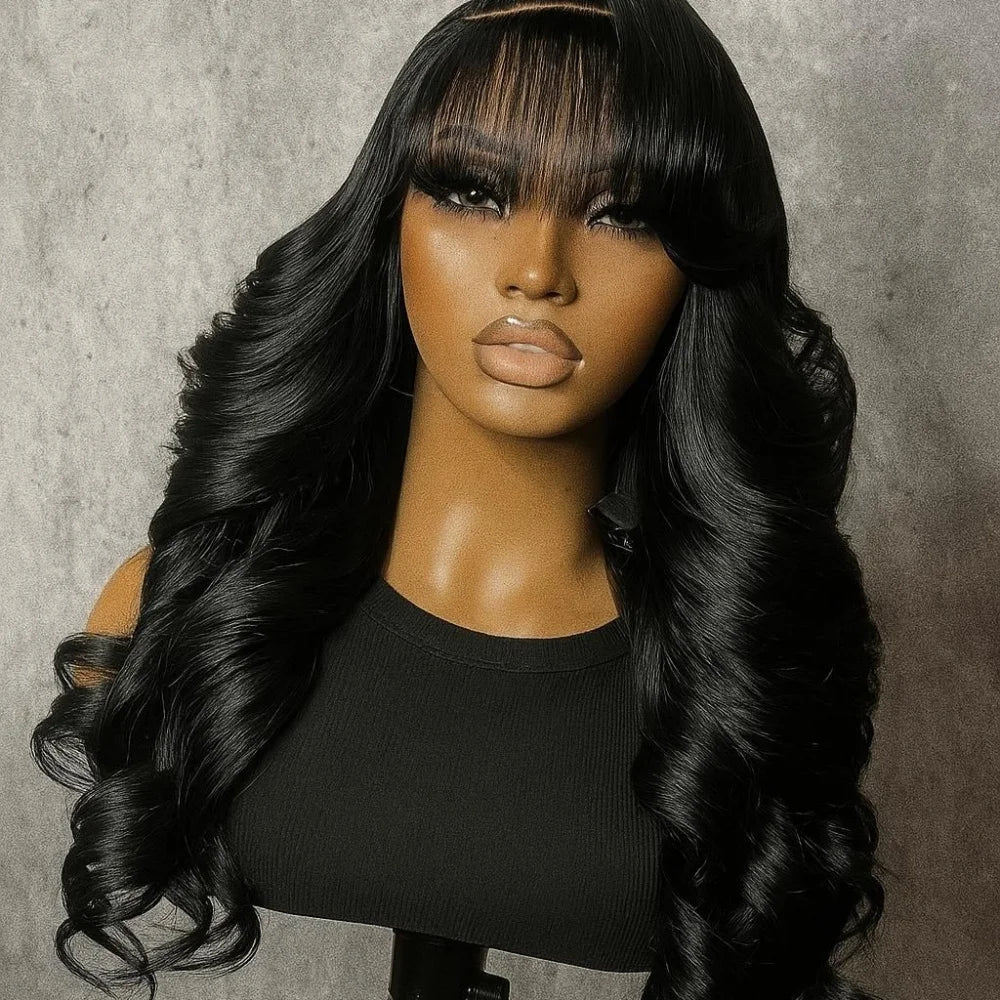 Body Wave Human Hair Wig with Bangs Middle Part 3x1 Lace Frontal Wig with Bangs Brazilian Human Hair Body Wave 34 Inch for Women