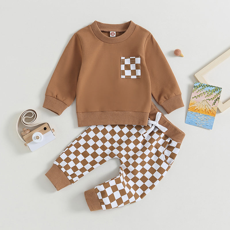 Lioraitiin 0-3Y Toddler Baby Boys Clothes Sets Long Sleeve Sweatshirt Tops and Checkerboard Print Drawstring Pants Tracksuit Set