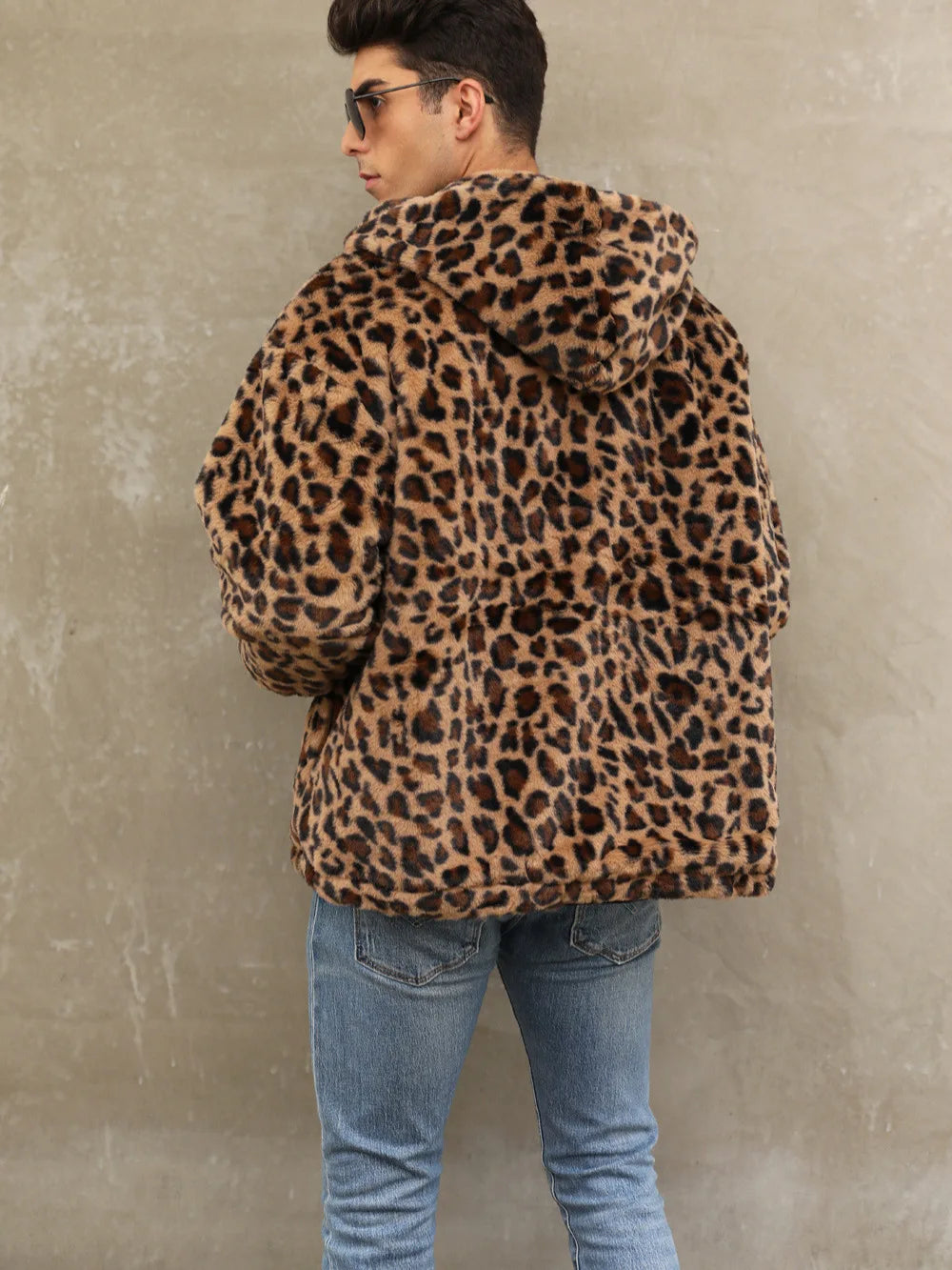 Autumn and Winter Warm Plush Leopard Print Jacket Imitation Fur Zipper Hooded Jacket for Men