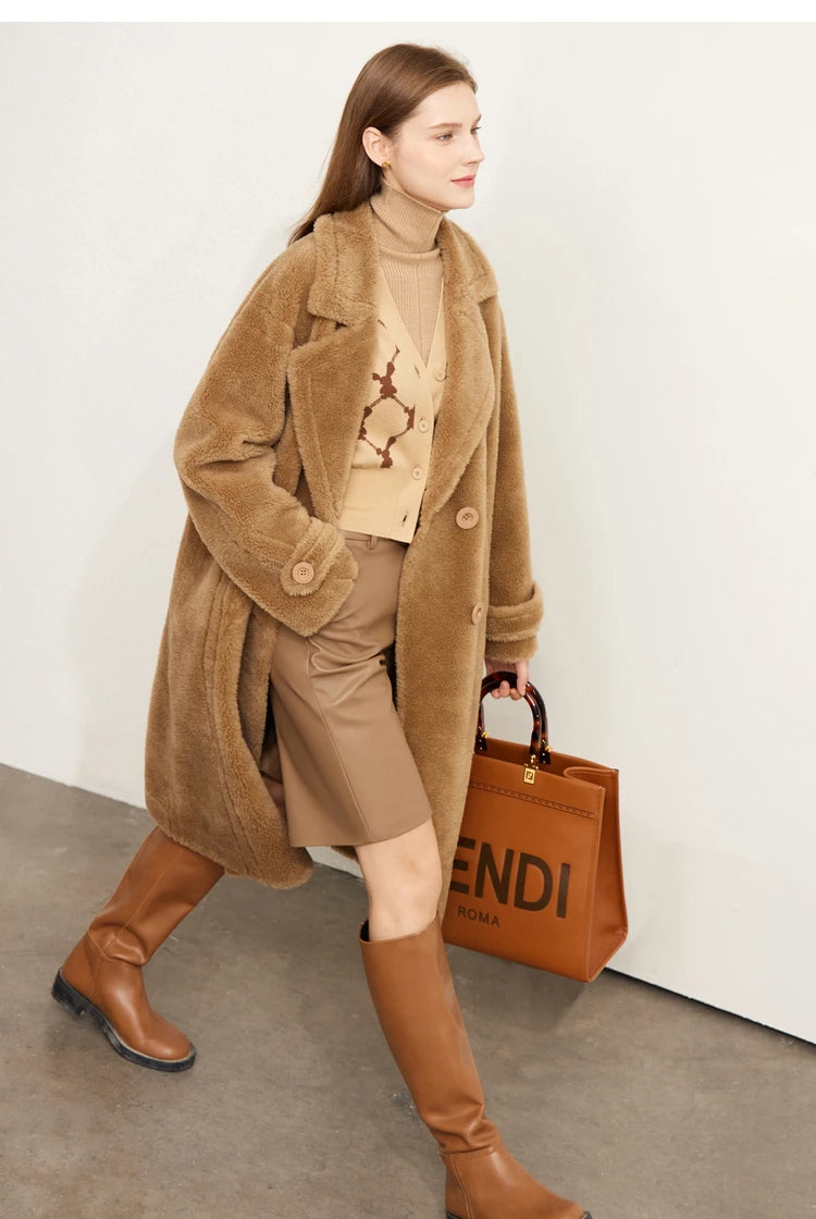 Amii Fur Coat 2025 Winter New Warm Office Lady Turn-Down Collar Full Wool Outerwears Straight Double-breasted Coat 12554013