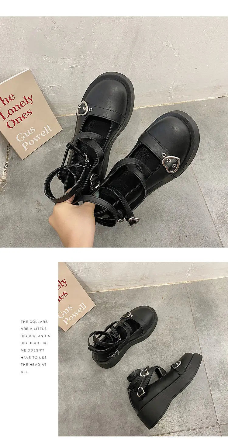 Women heels Lolita shoes platform mary jane Shoes Star Buckle Strap Mary Janes Women Cross-tied Girls Rivet Casual Shoes kawaii