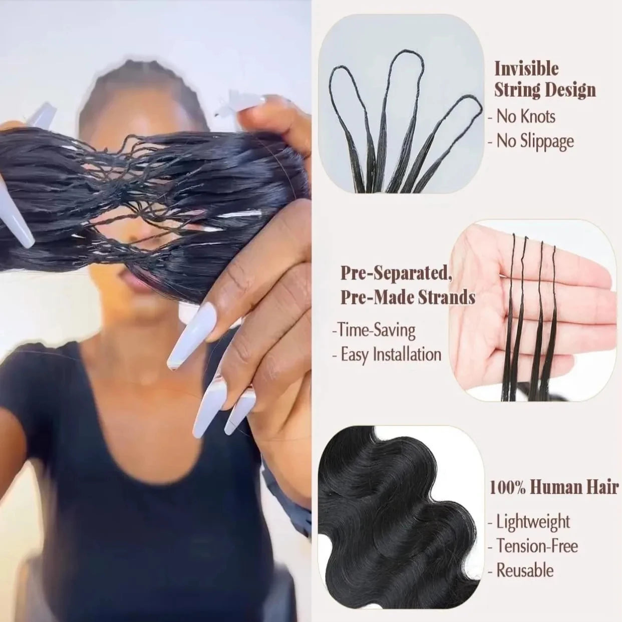 Crochet Human Hair Straight Human Hair Body Wave 1B Black Pre-Separated Knotless Crochet Extensions With Loop For Braiding