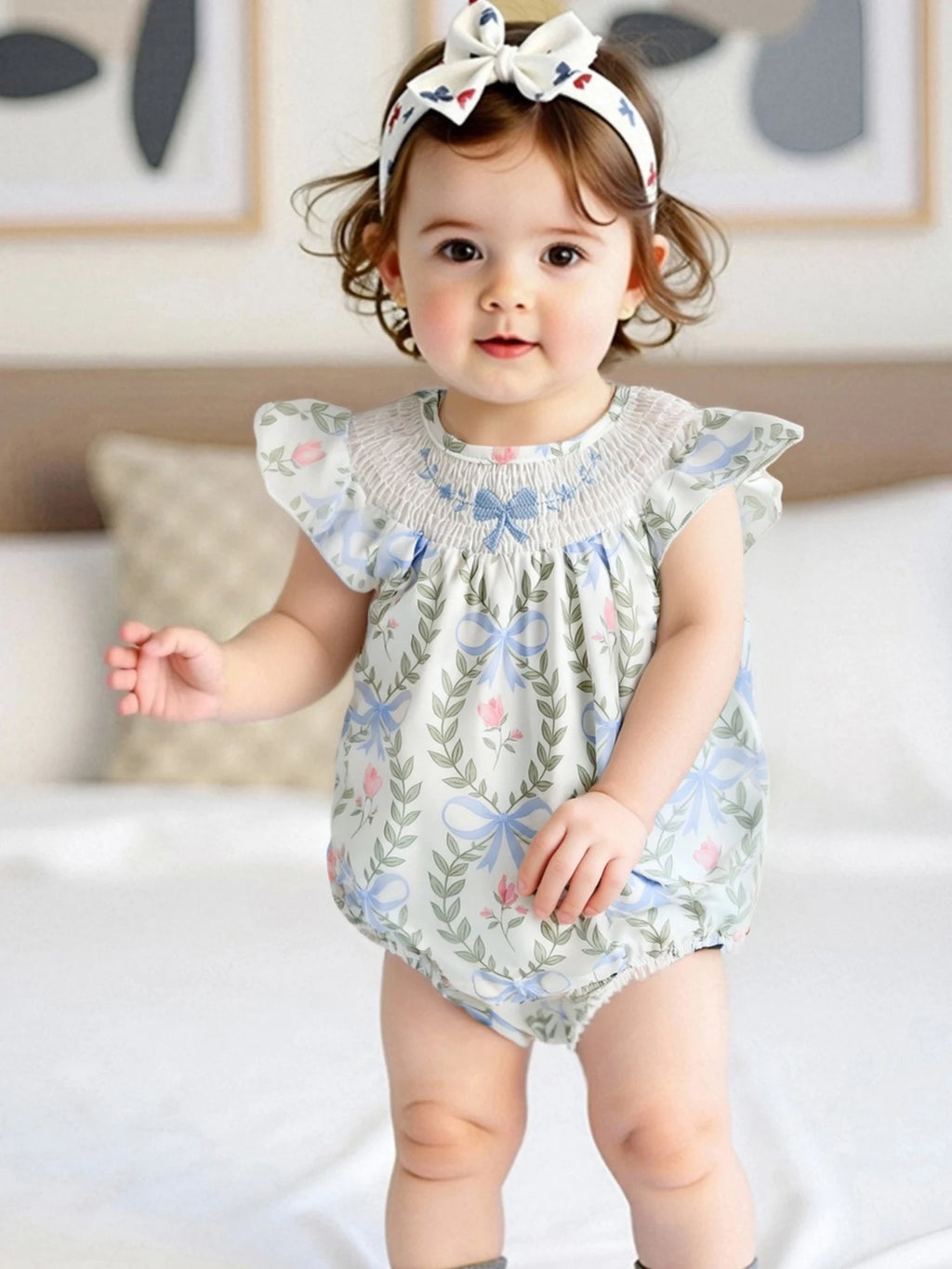 Adorable Baby Girls Jumpsuit Short Sleeve Round Neck Floral Print Toddler Romper for Playtime and Outings in Summer