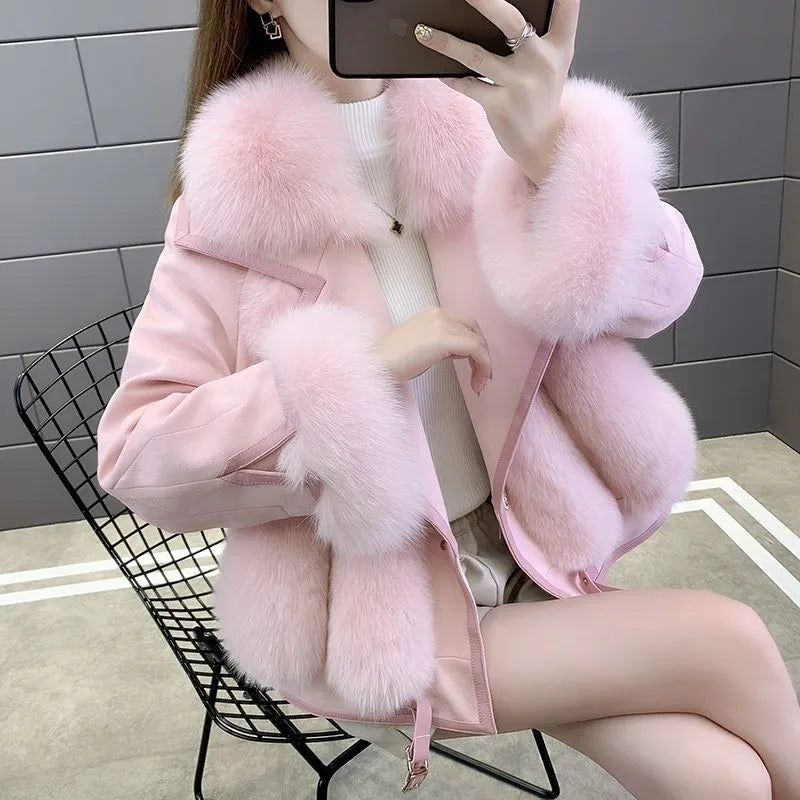 2025 Women Mid-Long Style Faux Fur Jacket Winter Female Pu Leather Splicing Fur Outwear Ladies Long Sleeve Thicken Warm Fur Coat