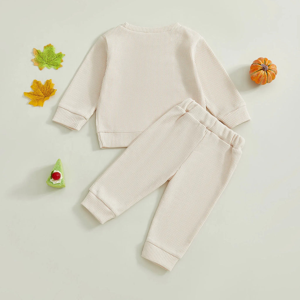 Toddler Baby Boys Thanksgiving Outfit Turkey Letter Embroidery Long Sleeve Pullover Elastic Waist Solid Pants 2Pcs Waffled Set