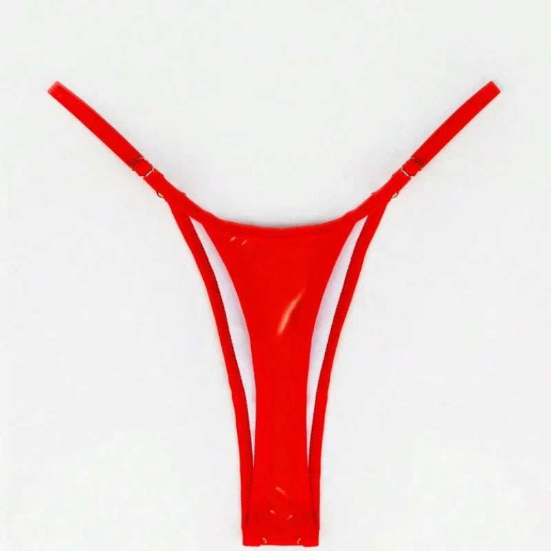 Women Adjustable Strap Thong Lady Briefs Panties G-string Glossy Triangle Shape Solid Color Elastic Mid Waist Ladies Underpants