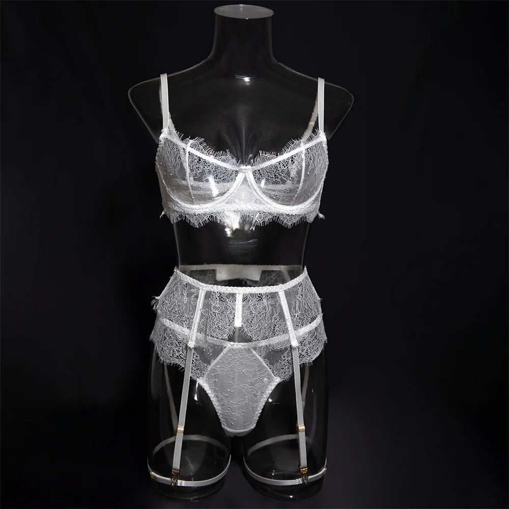 Krasapt Fancy White Lace Lingerie 2 Piece Sets Woman Hollow Out See Through Bras And Thongs Erotic Suits Delicate Fairy Bilizna