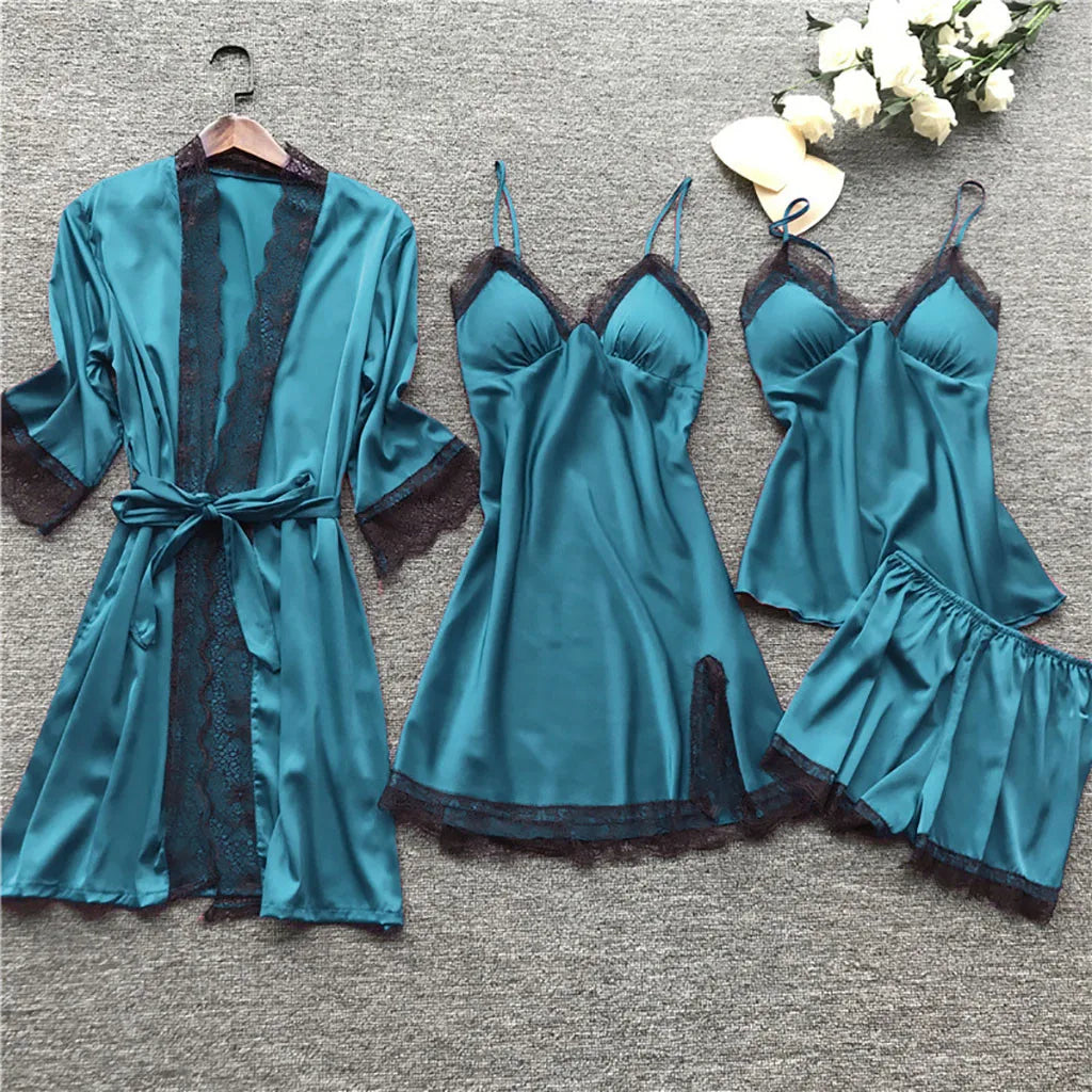 Large Size 4 Piece Women Pajama Sets Sexy Lace Embroidery Robe With Nightdress Outfits Loungewear Satin Silky Pyjama Sets