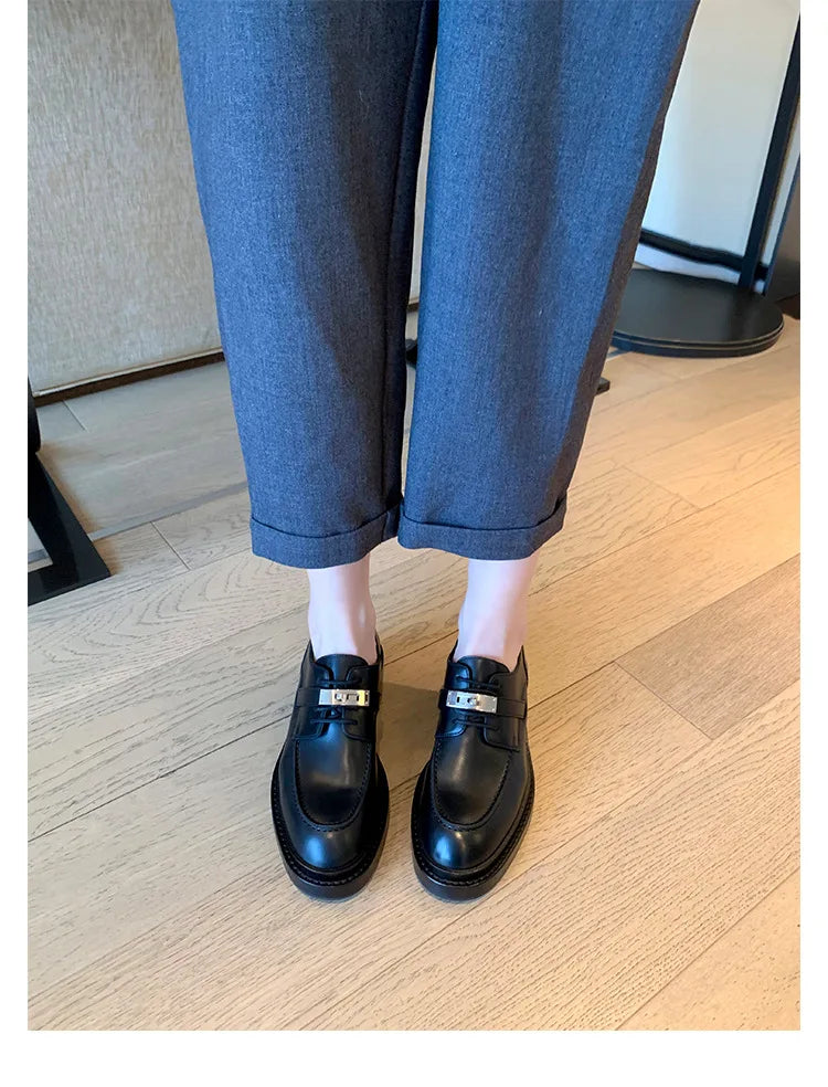 Office Career Women Pumps PU Spring New British Retro Metal Buckle Thick Bottom JK Flat Bottom Small Leather ShoesWoman Shoe