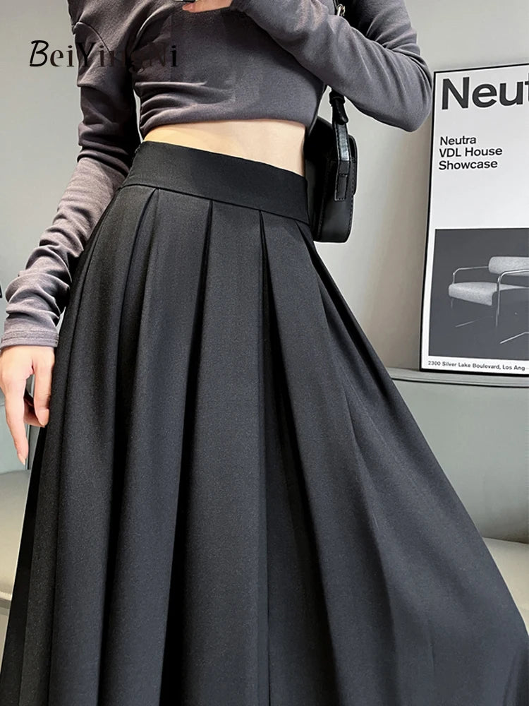 Beiyingni Women Long Suit Maxi Pleated Black Skirts Korean Fashion 2024 Autumn High Waist Slim A-line Skirt Ladies Gray Faldas