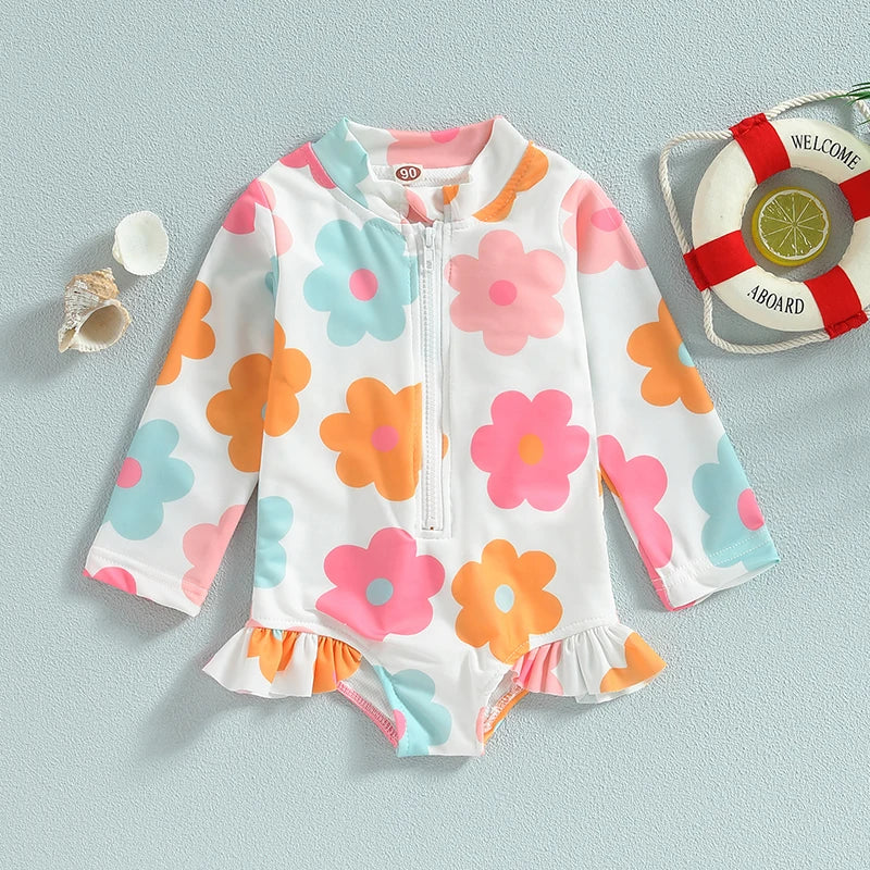 Lioraitiin Summer Kids Baby Girl Swimsuits Floral Long Sleeve Zipper Ruffles Jumpsuit Swimwear Beachwear Bathing Suits