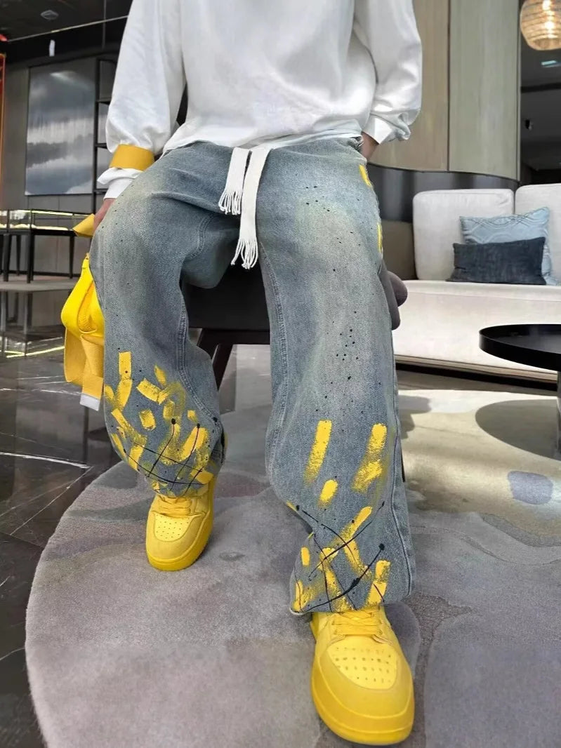 Light Blue Jacquard Streetwear Jeans for Men & Women - Straight Flared Pants with Elastic Waistband, Machine Washable, All-Seaso