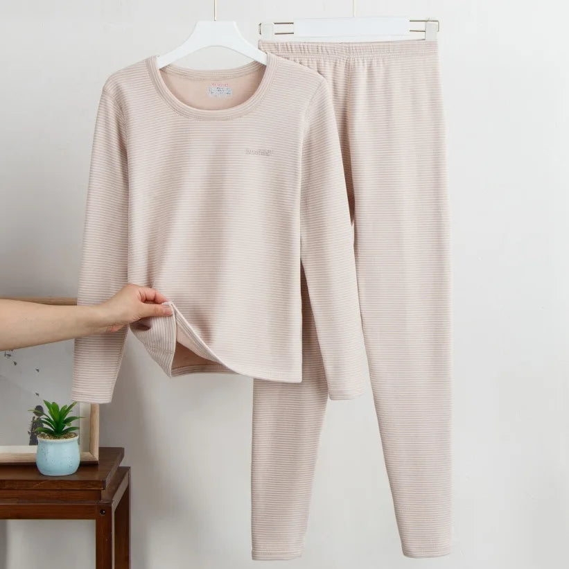 New Autumn/Winter Cashmere and Silk Round-Neck Thermal Set Striped Thermal Underwear for Men and Women Base Layer Undergarments
