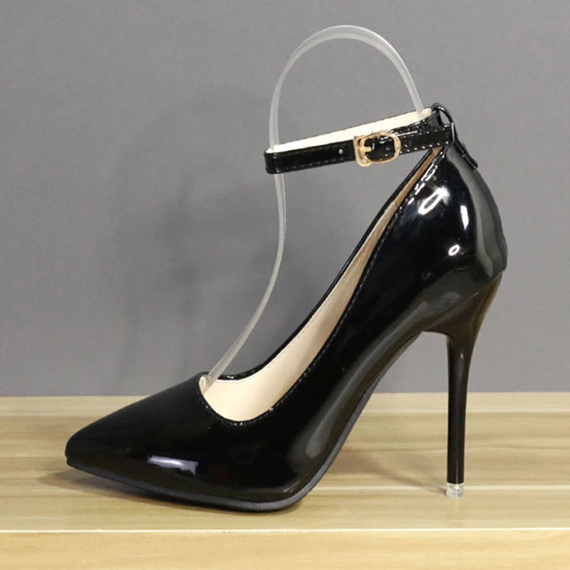 One Word Buckle High Heels 2025 Spring New Patent Leather Stiletto Heel Work Pumps Large Pointed Shallow Mouth Women's Shoes