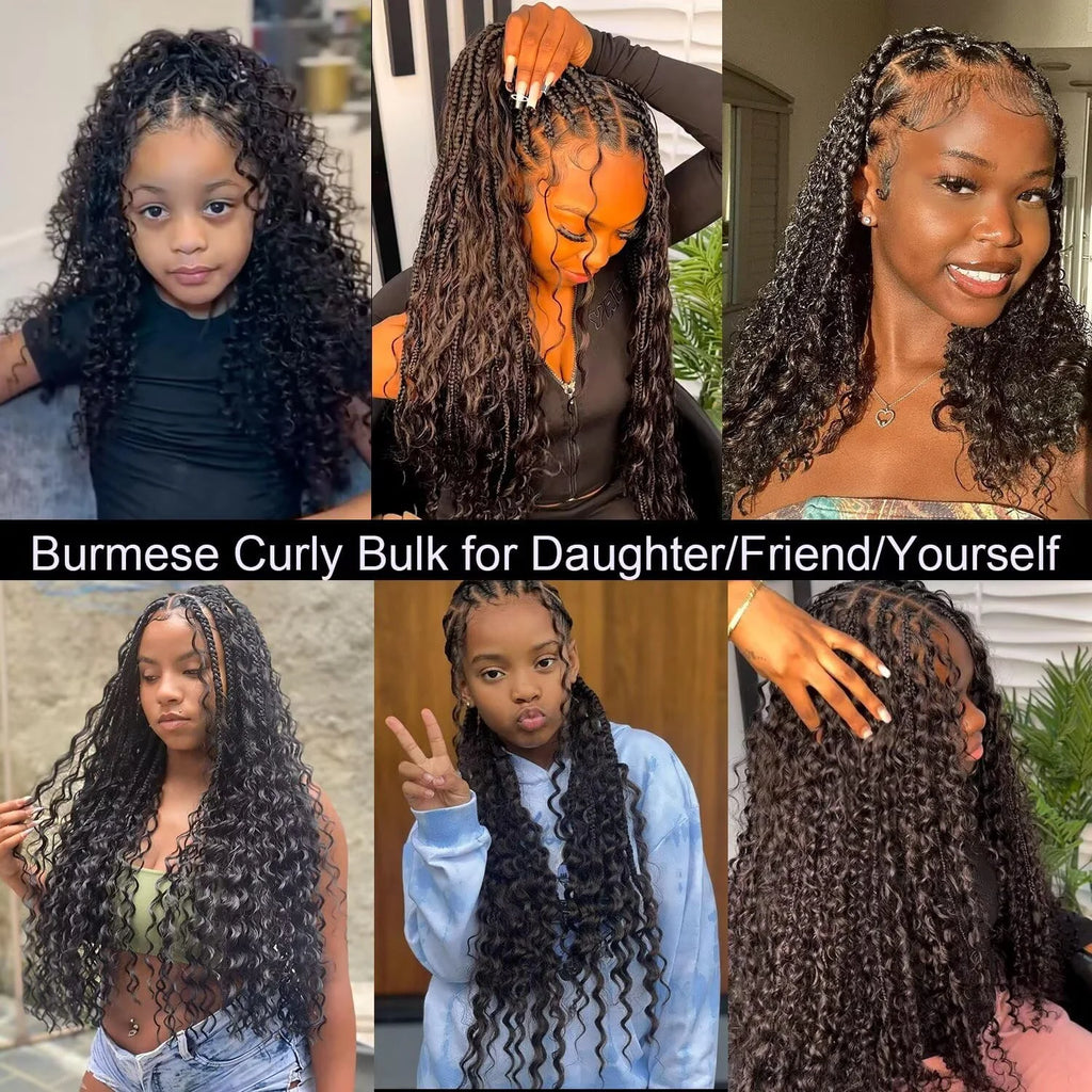 Lemoda Burmese Curly Bulk Human Hair Extension With Spail Ends Boho Braiding No Weft Bundles Virgin Hair 15A 1/2/3/4 PCS 12-32in