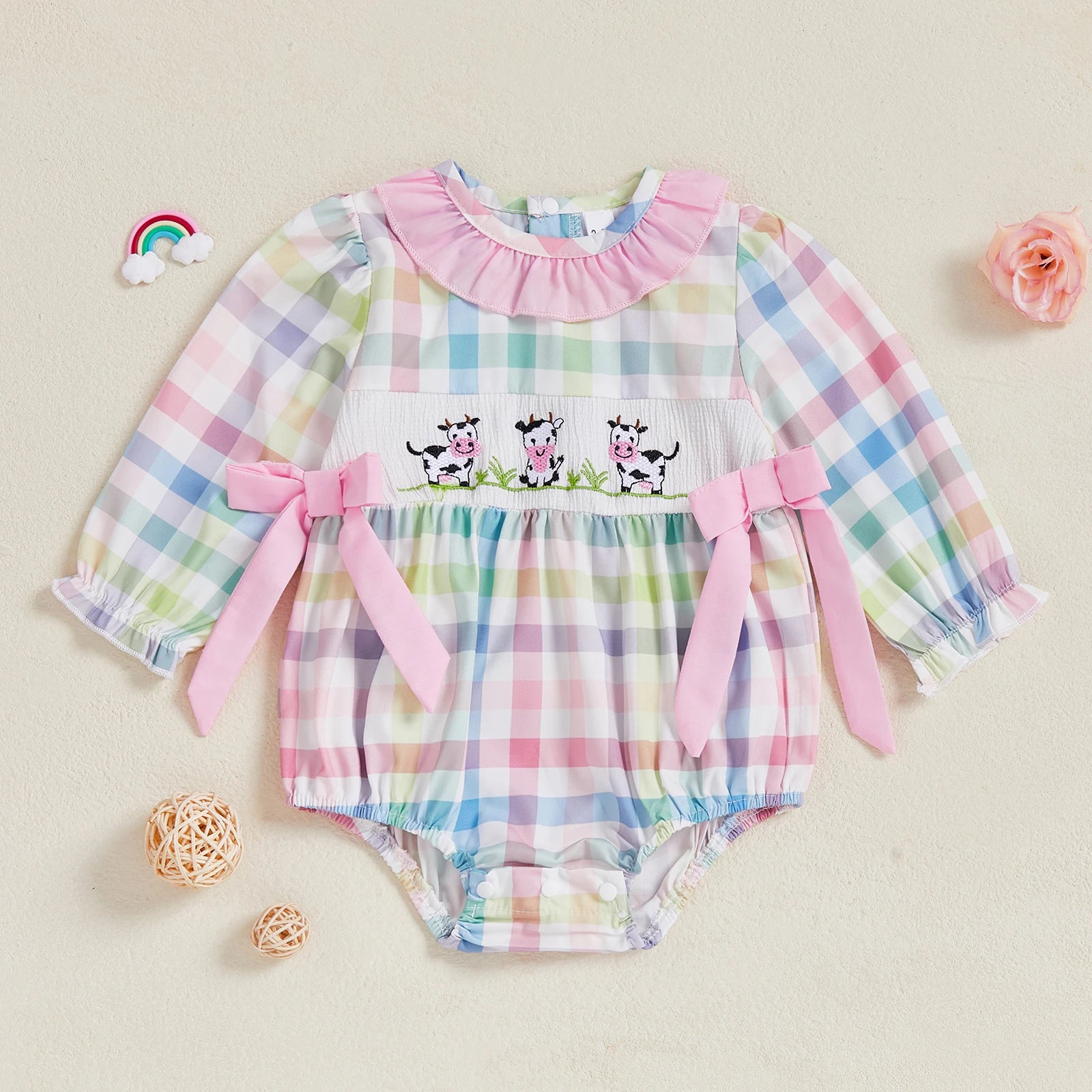 Adorable Toddler Plaid Overall with Cow Embroidery and Bow Detail - Long Sleeve Farm Animal Jumpsuit for Baby Girl