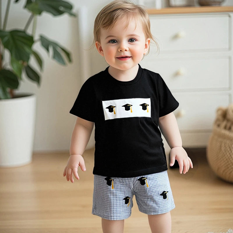 Cute 2 Piece Summer Outfits with Graduation Cap Embroidery Short Sleeve T-Shirt and Plaid Shorts Set for Baby Girl or Boy