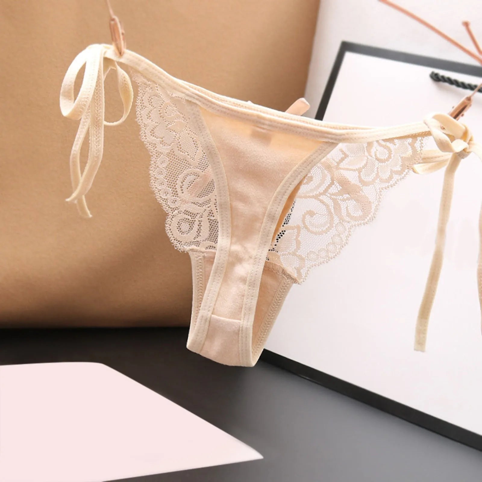 Women Sexy Lace Thong Low Waist Panties Side Tie See-Through Underpant Intimates Erotic Lingerie Ladies Underwear трусы женские