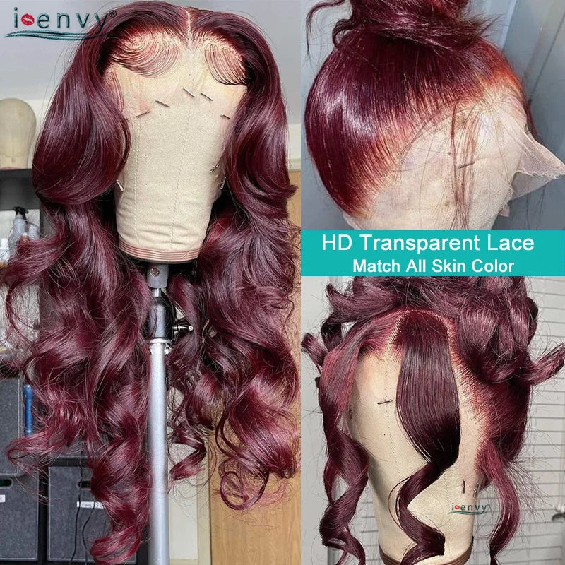 13X4 HD Transparent Lace Front Wigs Burgundy Red Human Hair Wigs PrePlucked 13X6 32Inch Body Wave Lace Front Wig For Women Curly