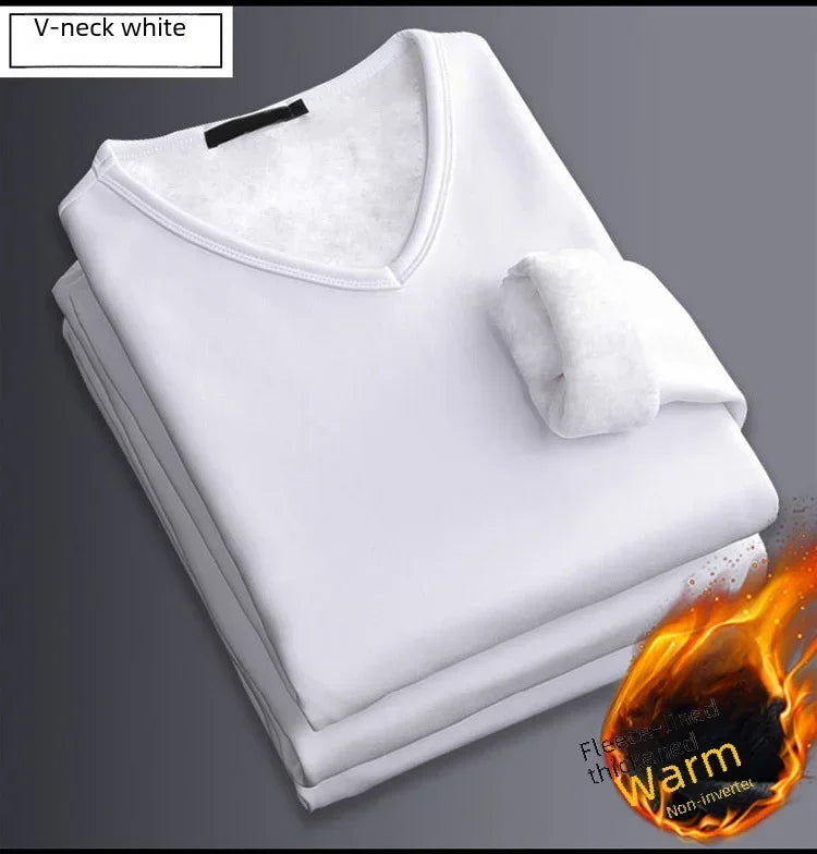 Men's Winter Thermal Underwear Tops Fleece-lined Thickened Warm Sweatshirt Solid Color O-neck V-neck Base Shirt Large Size 5XL