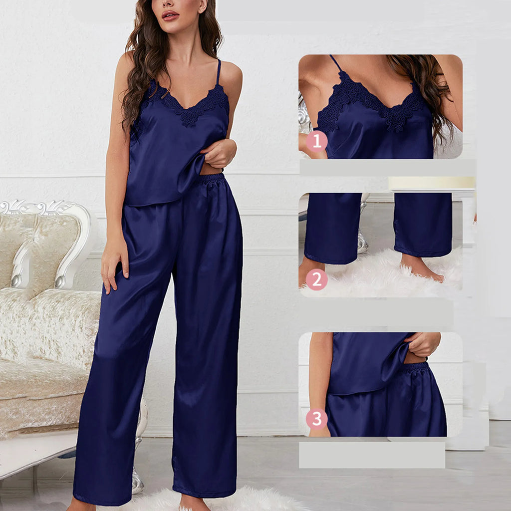 Women'S Satin Pajamas Set Autumn Winter Sleeveless Top Long Pants Sleepwear 2 Piece Set For Women Casual Home Loose Pajamas Set