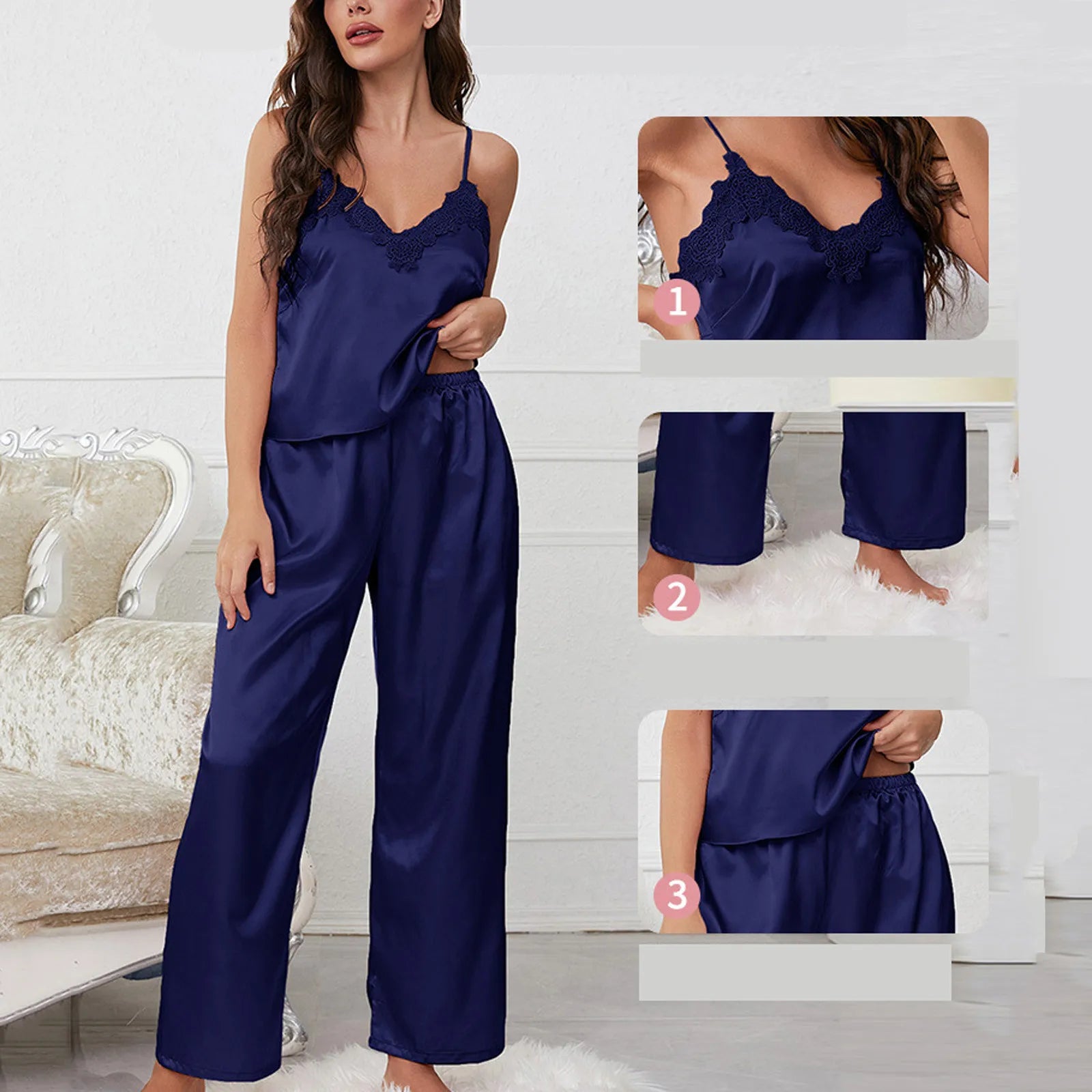 Women'S Satin Pajamas Set Autumn Winter Sleeveless Top Long Pants Sleepwear 2 Piece Set For Women Casual Home Loose Pajamas Set