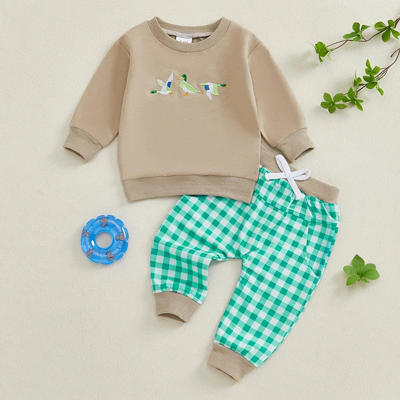 2024-09-13 Lioraitiin Toddler Baby Boy Girl Duck Clothes Long Sleeve Sweatshirt Plaid Elastic Waist Long Pants Outfit