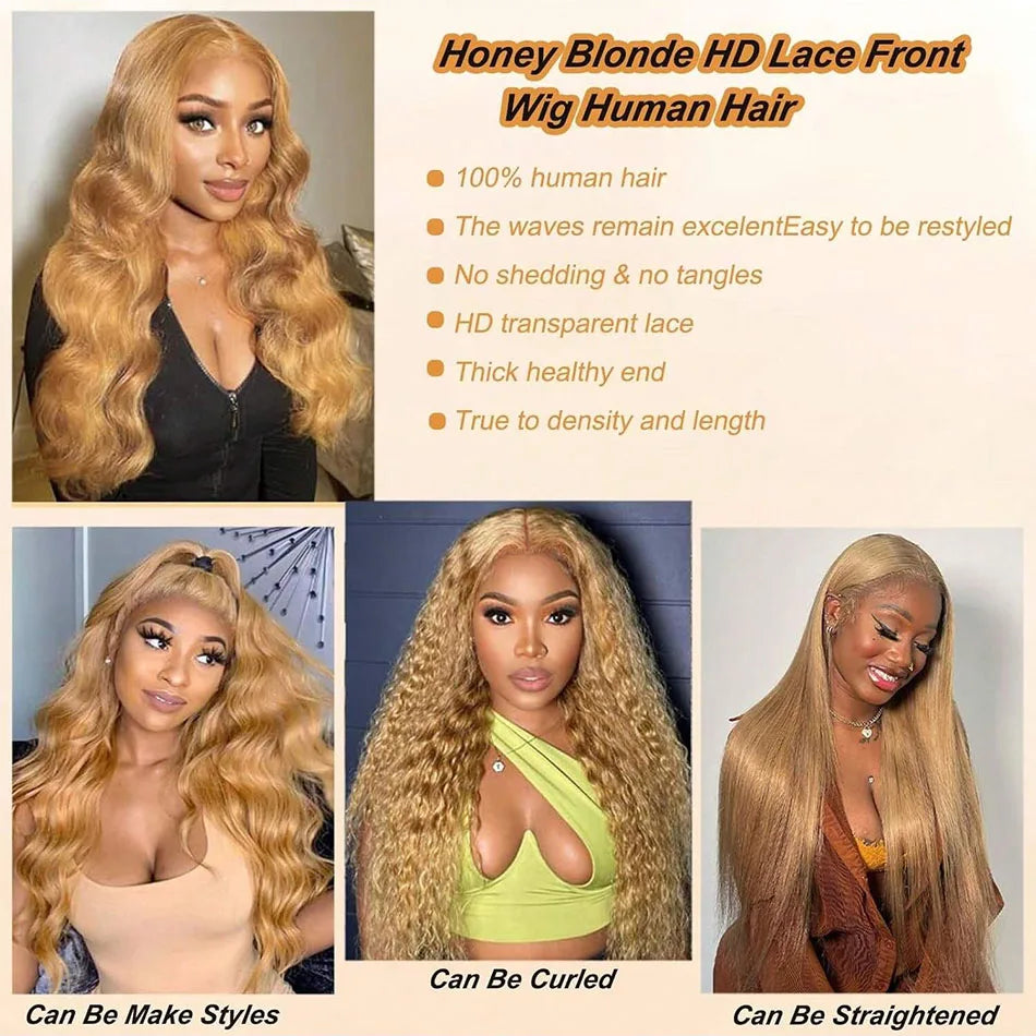 13x6 Body Wave HD Transparent Lace Frontal Wigs Human Hair 30 Inch Honey Blonde Wig Human Hair 200 Density Pre Plucked For Women
