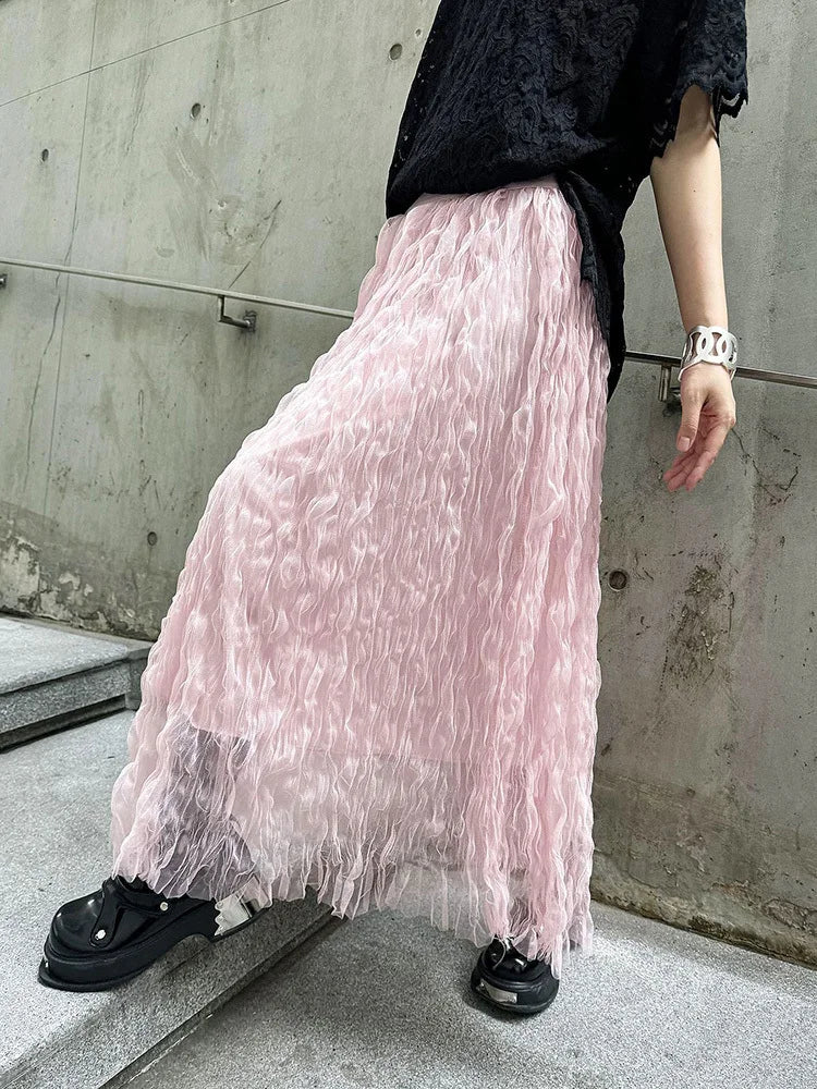 [EAM] High Elastic Waist Black Pleated Mesh Casual A-line Half-body Skirt Women Fashion Tide New Spring Autumn 2026  1DH5148