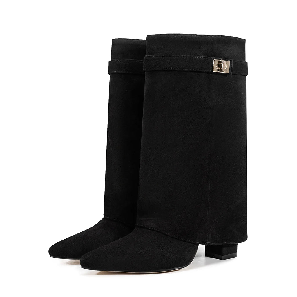 Ladies' Autumn and Winter New Pointed Knee High Women's Boots, Thick High-heeled Long Pants Boots, Fashionable Mid Rise Boots