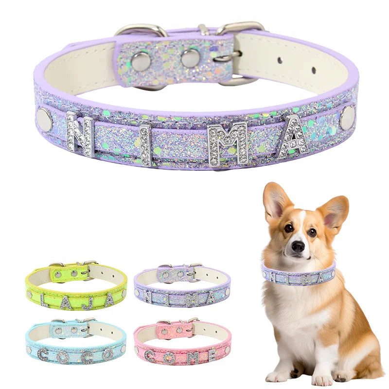 Rhinestone DIY Letter Customizable Pet Collar – Adjustable Leather Cat Necklace & Dog Collar with Bright Glitter Pet Accessories