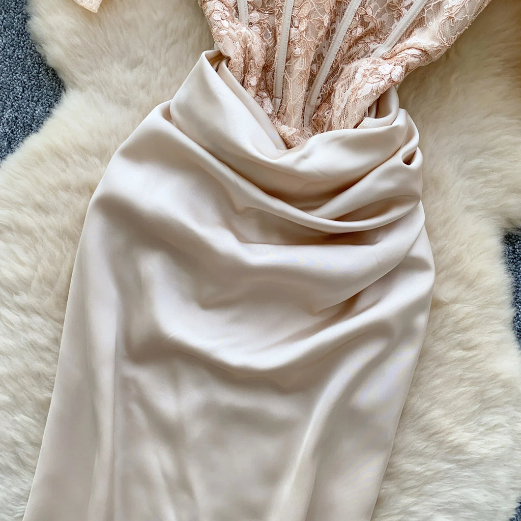 Women Chic satin Spliced mesh slash neck Sexy French Fashion Summer evening dress mermaid dress