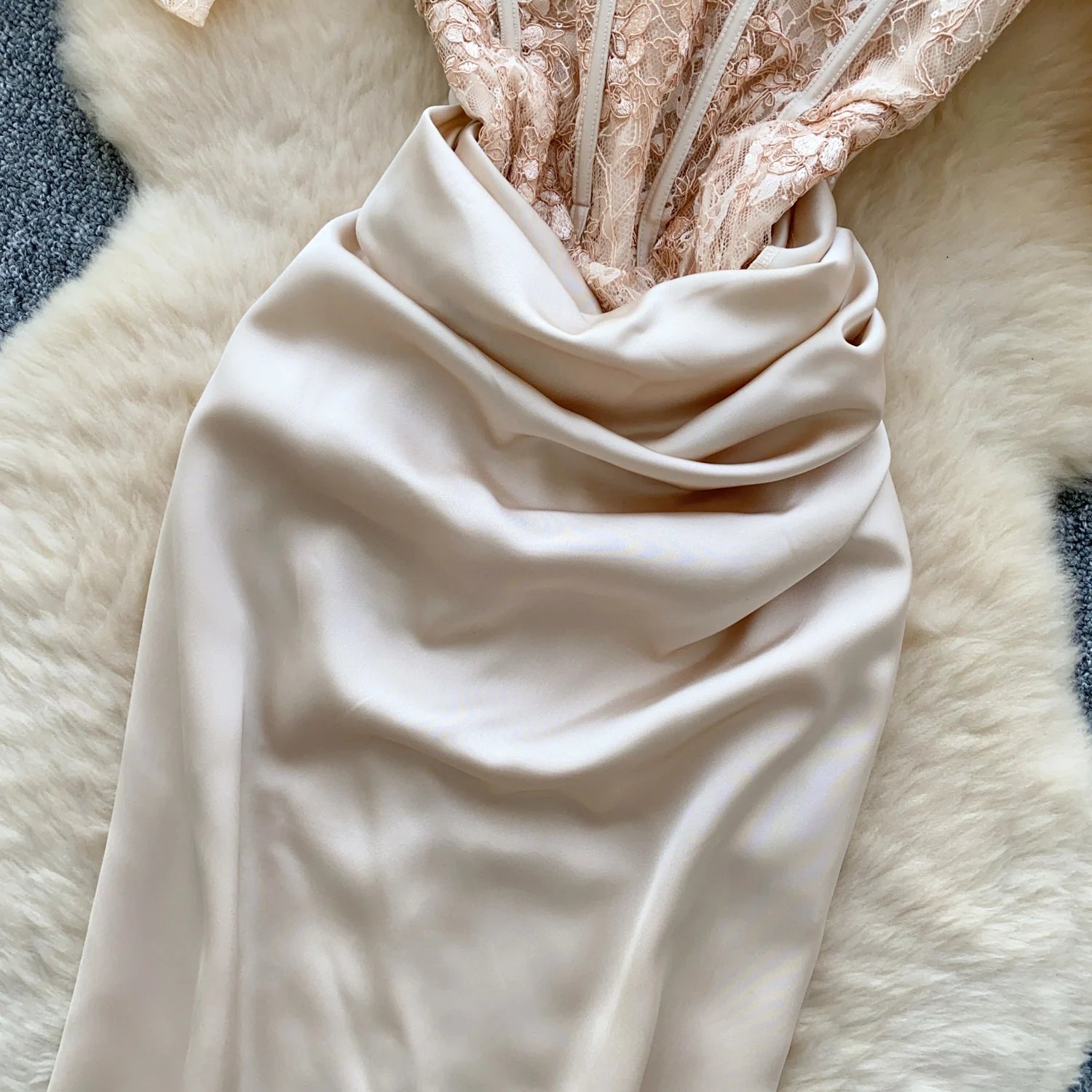Women Chic satin Spliced mesh slash neck Sexy French Fashion Summer evening dress mermaid dress