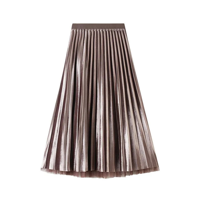 Luxury Velvet Pleated Skirts For Women 2024 Summer Fashion Women's High Waist Mesh Midi Skirt Female Elegant  Solid A-Line Skirt