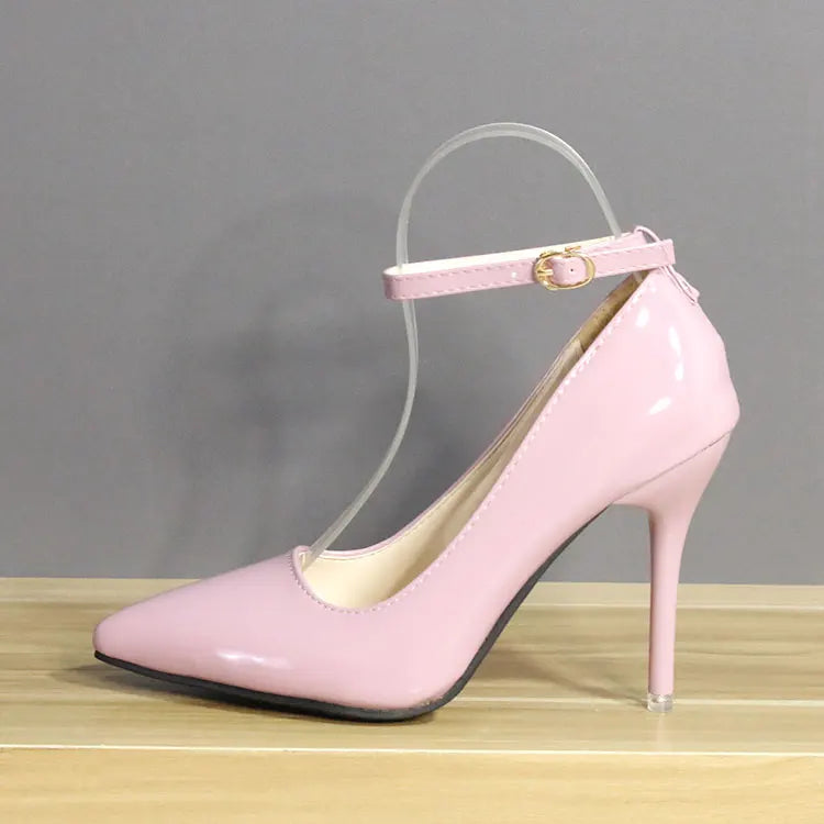 One Word Buckle High Heels 2025 Spring New Patent Leather Stiletto Heel Work Pumps Large Pointed Shallow Mouth Women's Shoes