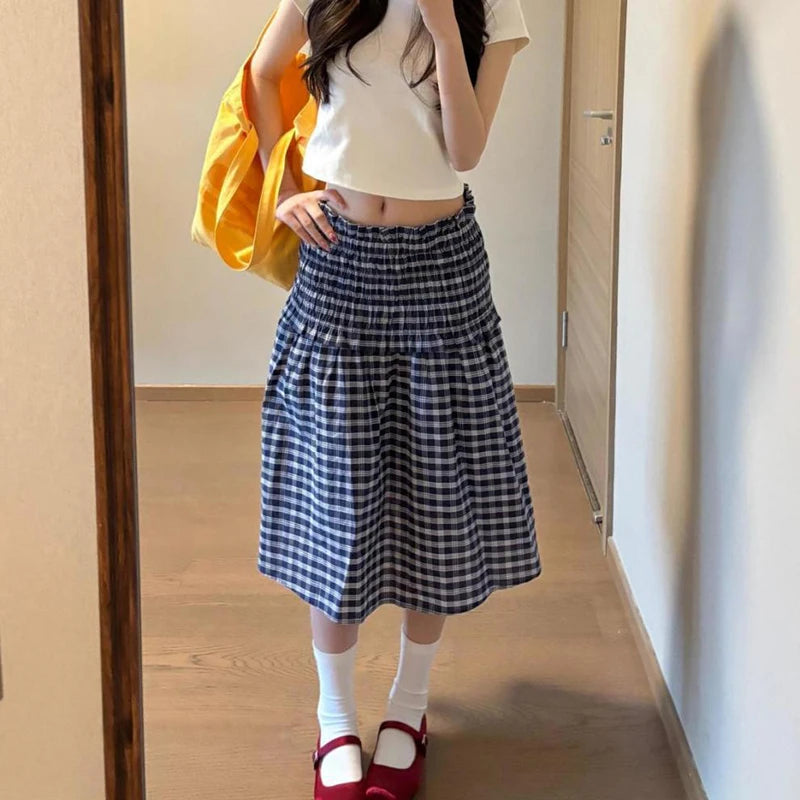 Korean Elastic High Waist Plaid Skirt Women Summer Patchwork Sleeveless A Line Dress Woman 2025 Chic Pleated Midi Skirts Female