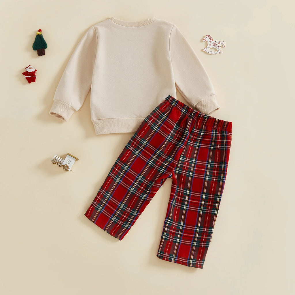 Lioraitiin Toddler Baby Boy Christmas Outfits Long Sleeve Train Embroidery Sweatshirt + Plaid Pants Set Winter Clothes