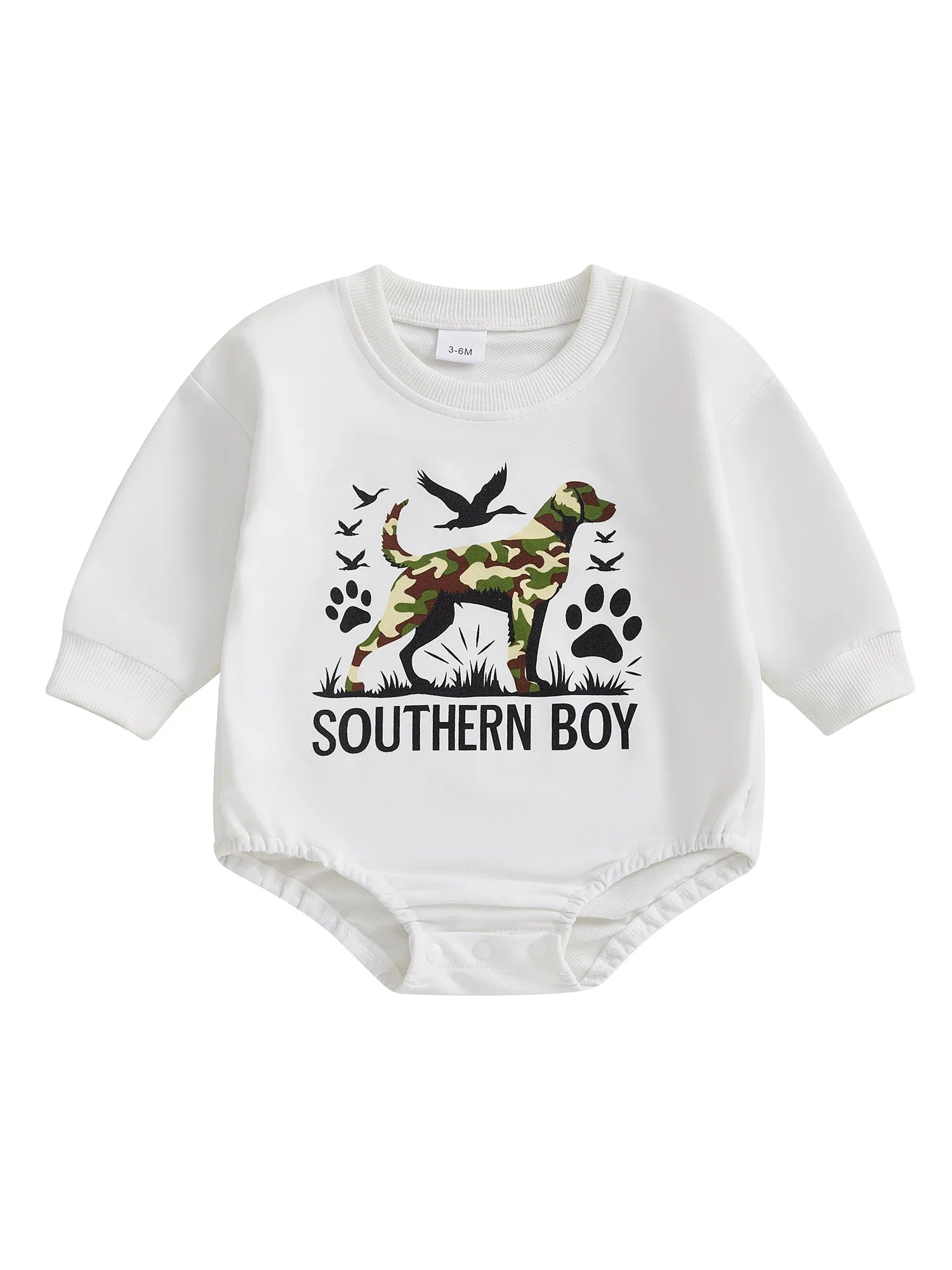 2025-05-05 Lioraitiin Newborn Baby Boy Romper Long Sleeve Round Neck Camo Dog Print Bodysuit Fall Playsuit