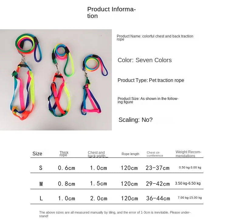Dog Pet Leash + Harness Two-Piece Set Cat Leash Colorful Pet Harness Round Rainbow Color Cat Leash Dog Chain