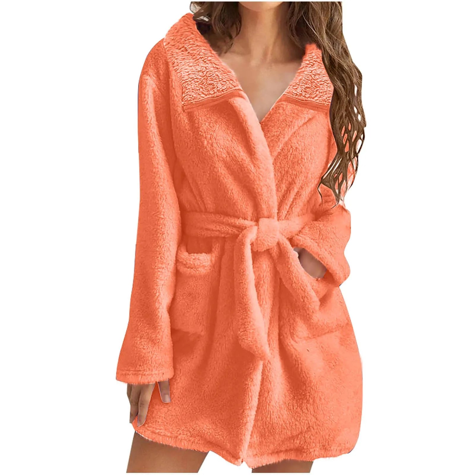 Women Warm Plush Hooded Bathrobe Wainter Plush Lapel Robe With Pockets Female Pajamas Robe Long Home Clothes Lingeries For Woman