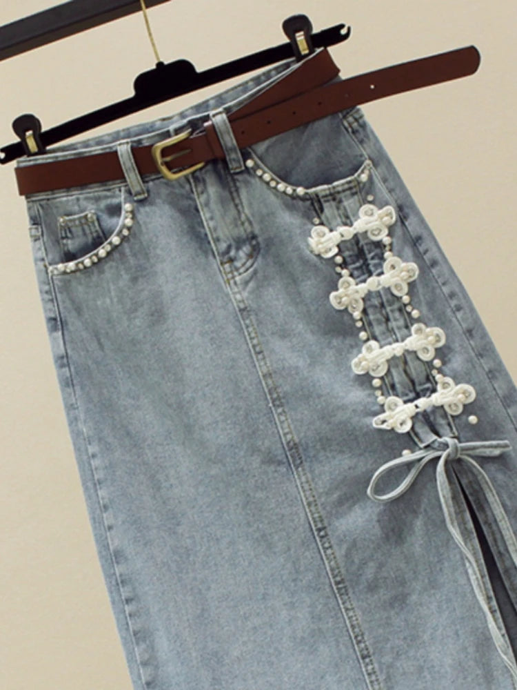 OCEANLOVE Chinese Style Button Denim Skirts for Women Spring Autumn Elegant Vintage Faldas Mujer Fashion Solid  Skirt