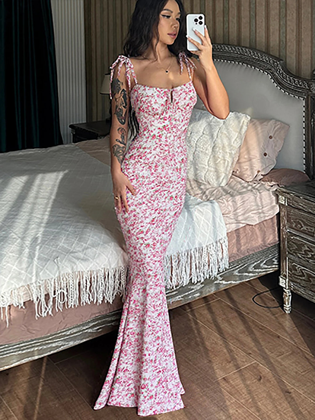 Dulzura Women Floral Print  Sleeveless Bodycon Maxi Dress Outfits Birthday Party Club Clothes