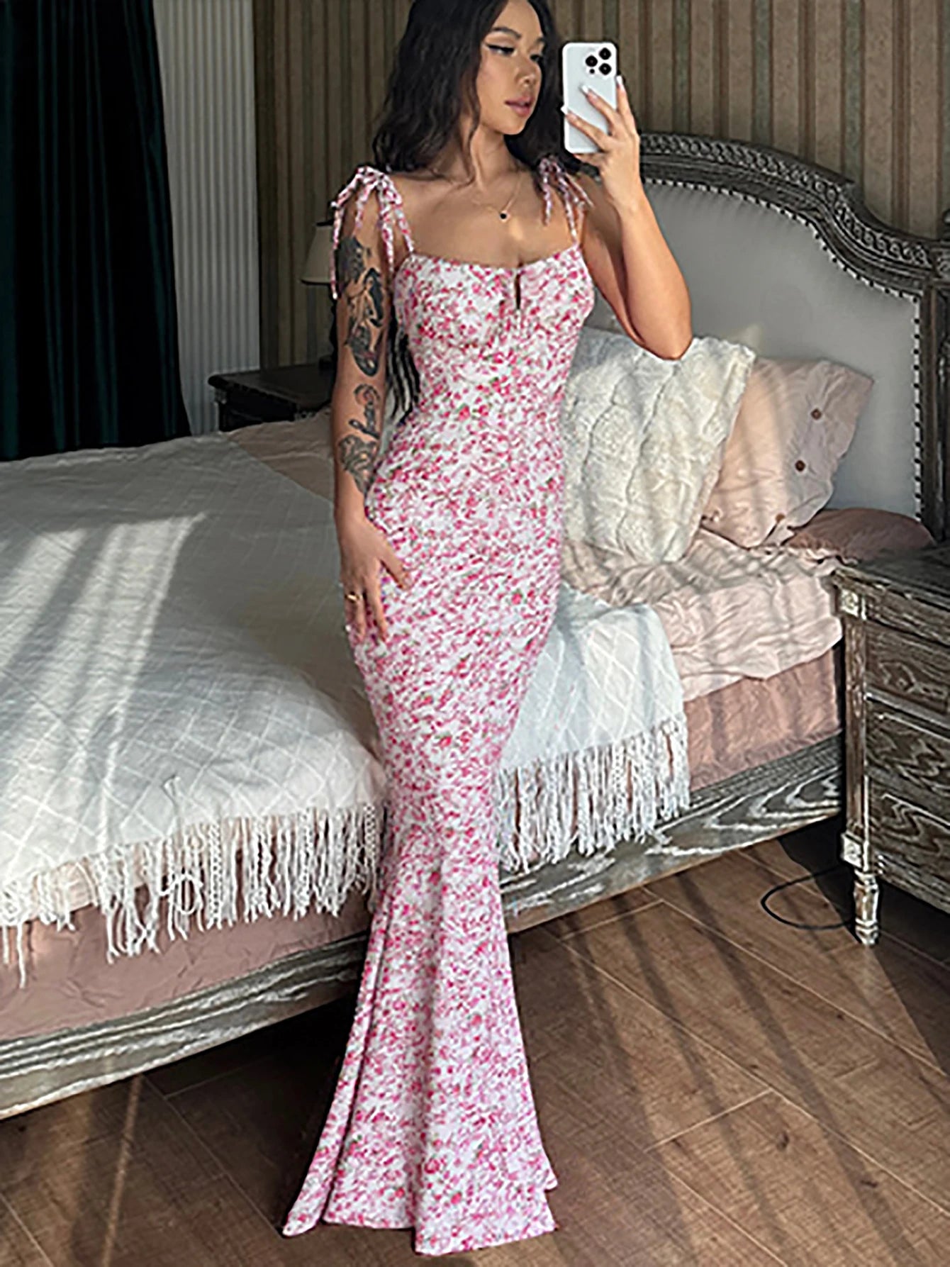Dulzura Women Floral Print  Sleeveless Bodycon Maxi Dress Outfits Birthday Party Club Clothes